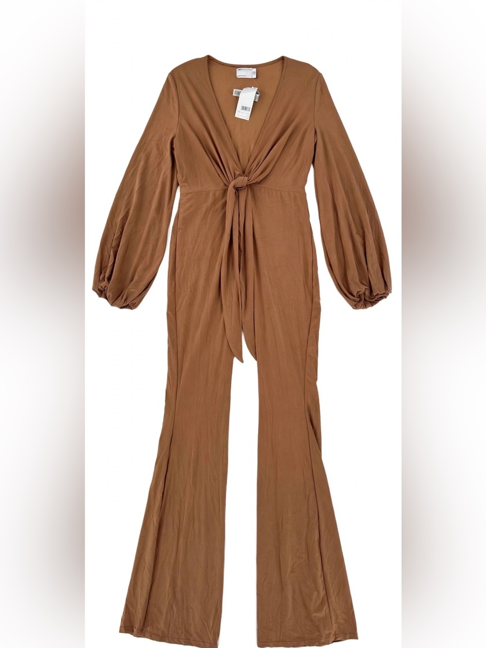 ASOS DESIGN Knot Front Balloon Sleeve Jumpsuit Camel Tan NWT US 10